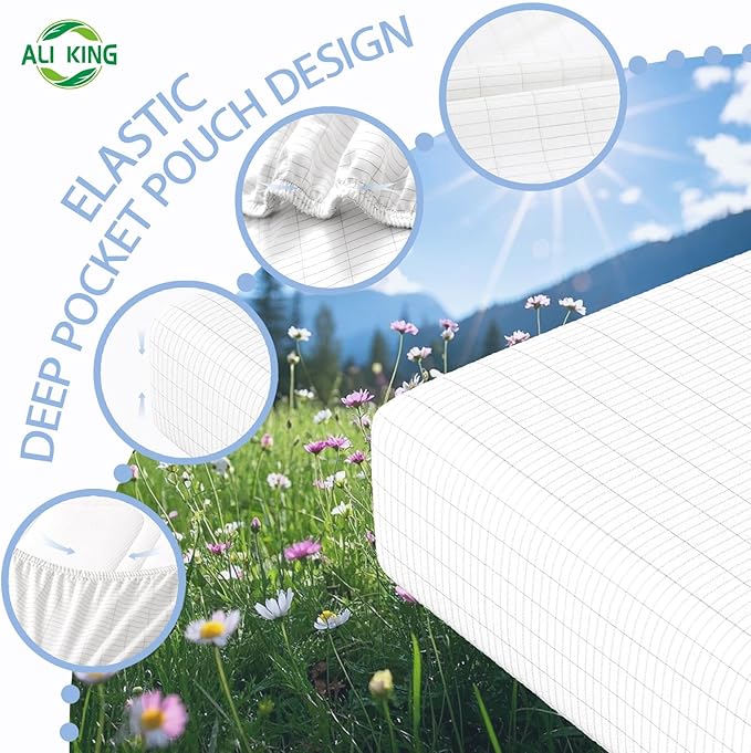 Ali King Grounding Sheets - California King Size, Soft Cotton with Silver Fiber, 15'' Deep Pocket Earth Grounding Fitted Bed Sheets for Improved Sleep (White, California King 72''*84''*15'')