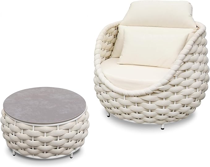 Erotr Woven Rope Patio Chair and Table Set: 2 Pieces Aluminum Front Porch Furniture Set - Assembled Outdoor Deck Lounge Armchair Set Cushioned - for 400 lbs Balcony Pool Yard Garden Hotel Lanai, Beige