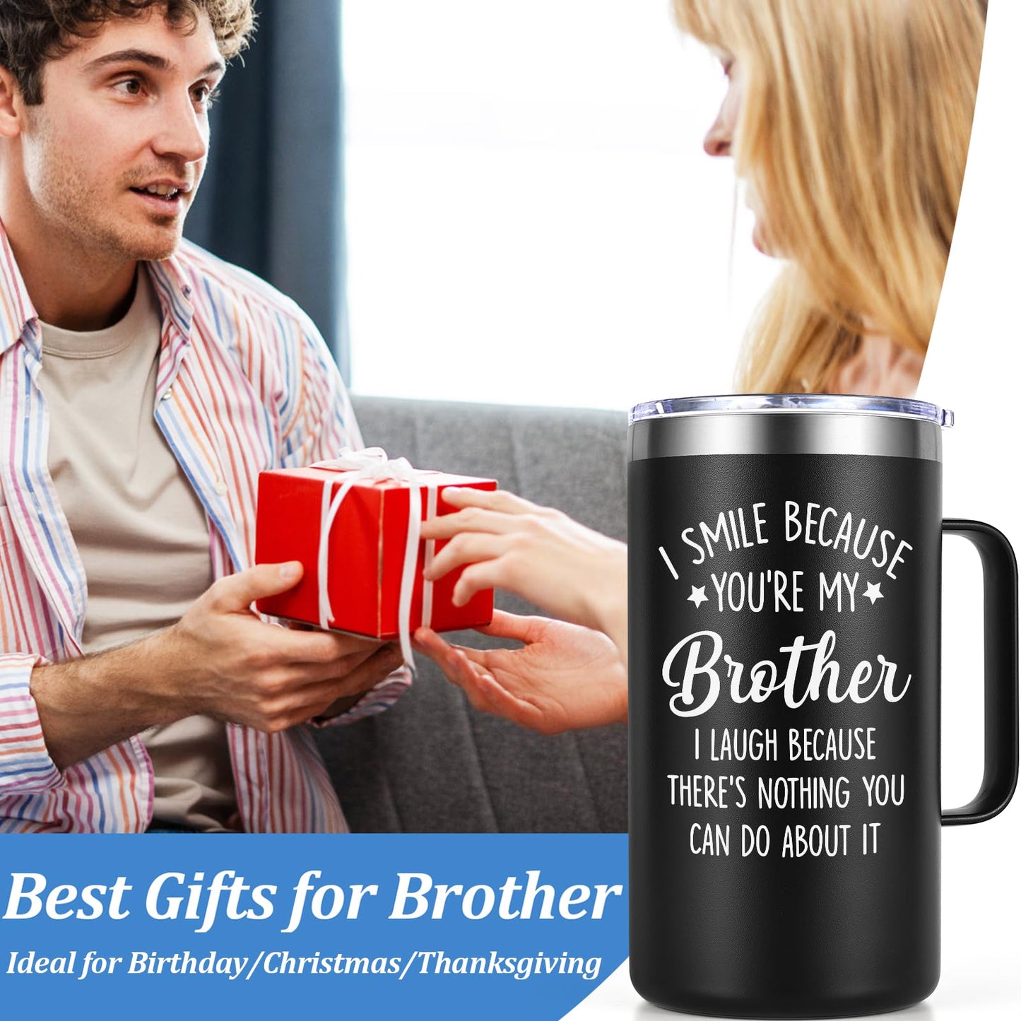 Lifecapido Gifts for Brother, Brother Gifts from Sister, I Smile Because You’re My Brother 20 oz Insulated Coffee Mug, Birthday Christmas Gifts for Brother, Black