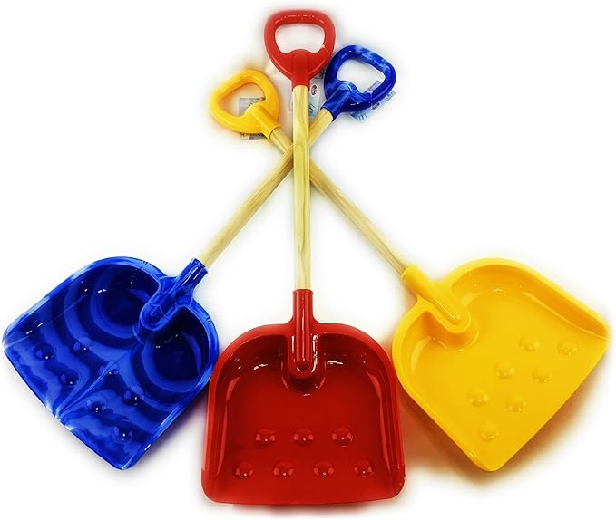 Matty's Toy Stop 28" Heavy Duty Wooden Snow Shovels with Plastic Scoop & Handle for Kids Red, Yellow & Blue Swirl Gift Set Bundle - 3 Pack