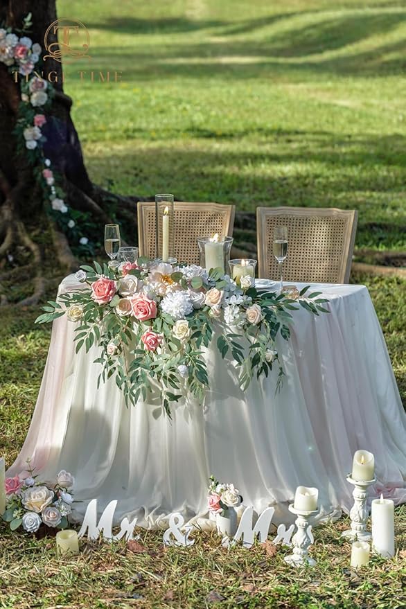 TINGE TIME Artificial Sweetheart Flower Swag with Table Cloth and Table Runner, Pack of 3 Floral Arrangement for Wedding Sweetheart Table Centerpiece Decoration (Dusty Rose & Champange)