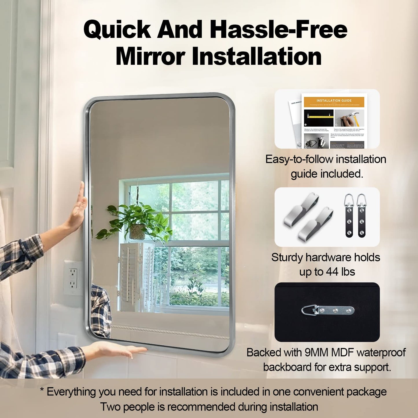 ANDY STAR Brushed Nickel Bathroom Mirror, 22x30'' Rounded Rectangle Modern Vanity Mirror, SUS304 Metal Tube Framed, Rustproof, 1'' Deep, Wall Mounted Vertically/Horizontally