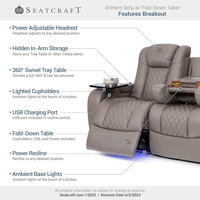 Seatcraft Anthem Italian Leather Sofa w/Fold-Down Table, Living Room, Power Headrest, Power Recline, Gray
