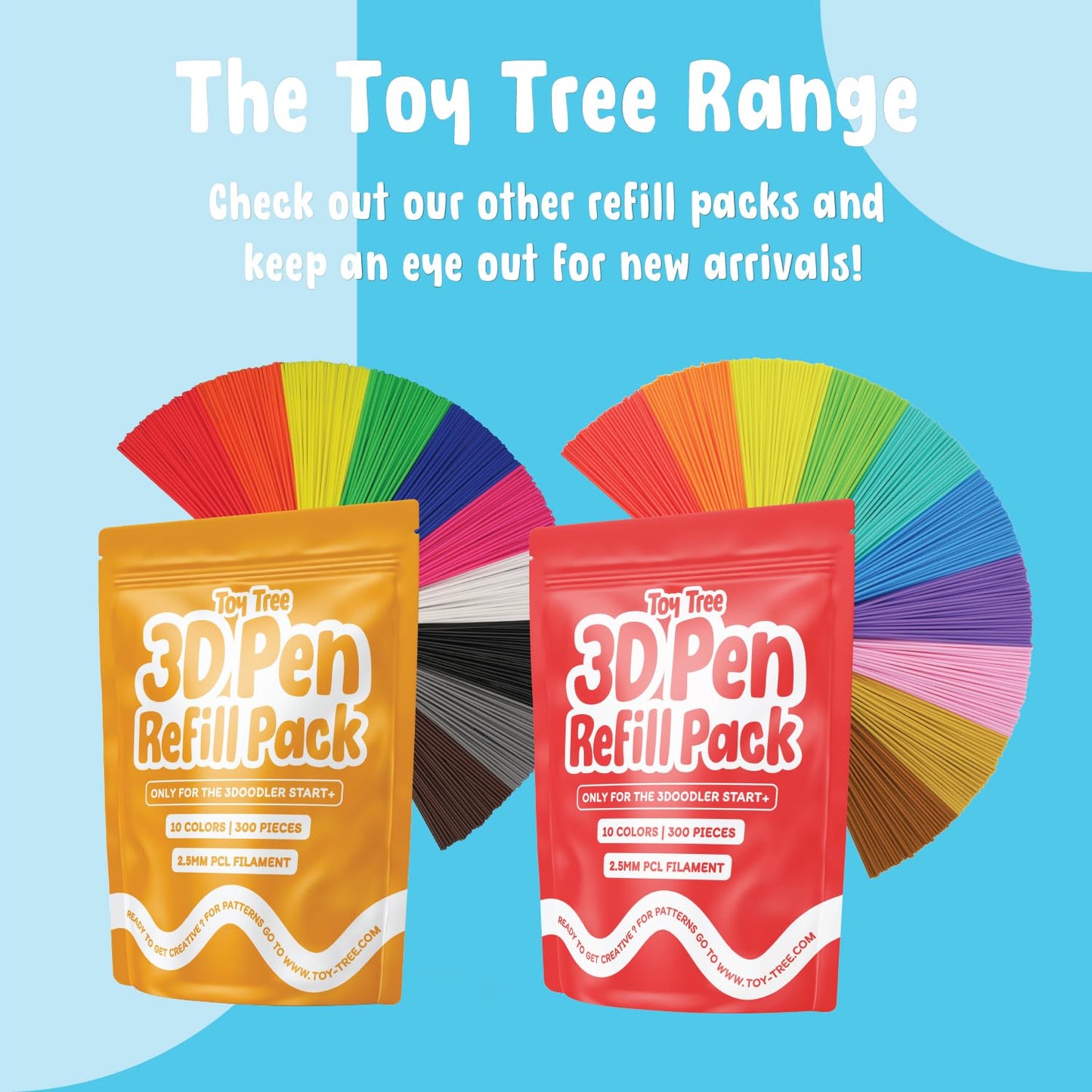 Toy Tree 300 Piece 3D Pen Refill Pack | Compatible with The 3Doodler Start+ Only | 10 Vibrant Colors of Safe Low Temperature PCL Filament 2.5mm Thick | Not Compatible with Other 3D Pens