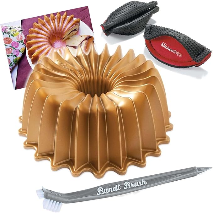 Nordic Ware Brilliance Bundt Pan Gold With Cleaning Tool + Grips Pot Holder and Recipe Card