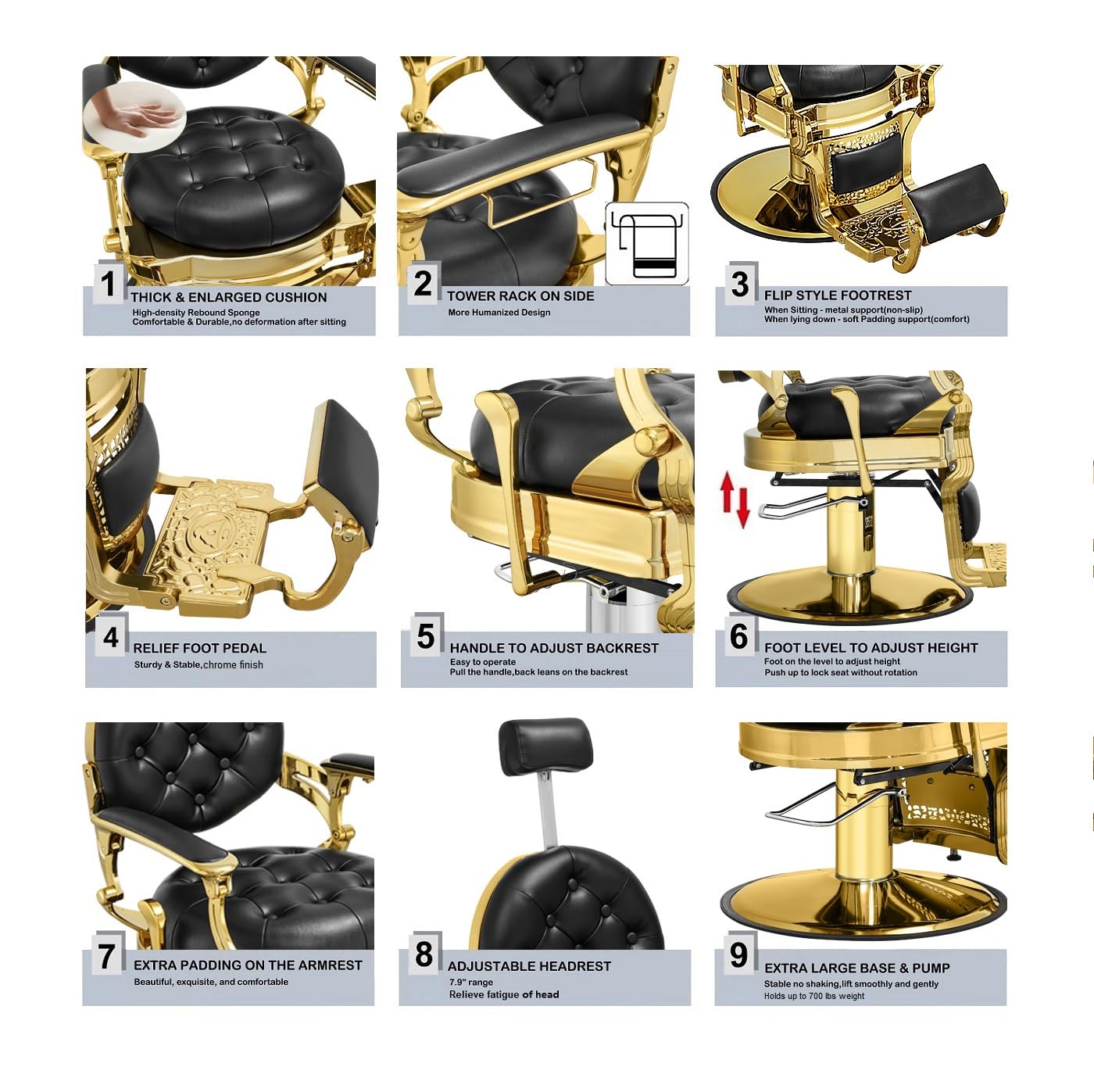 Kaleurrier Salon Chair for Hair Stylist: Barber Chairs for Barbershop - Heavy Duty Reclining Hair Chair with Footrest for Home Wide Seat Gold and Black