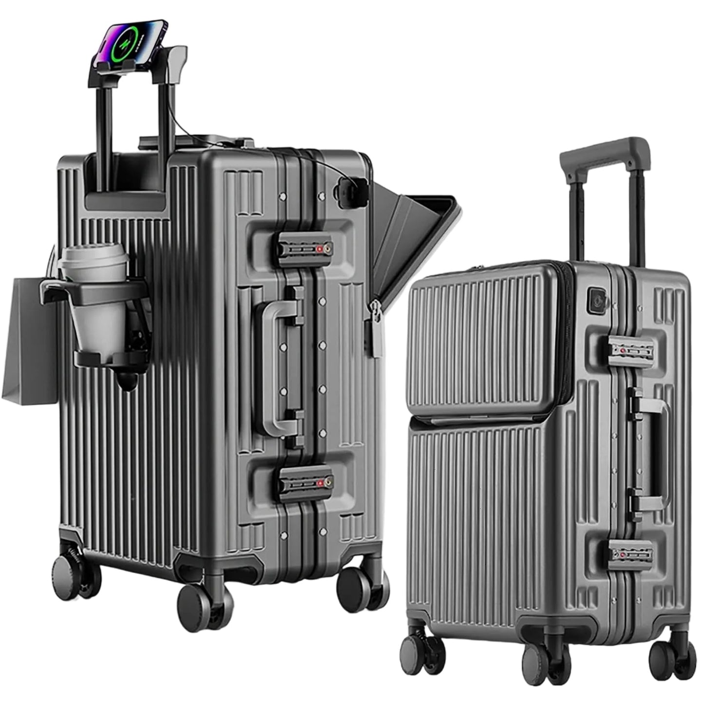 2-Piece Hardshell Zipperless Luggage Set, 20/26" Aluminum Frame Hardshell Spinner Luggage, Airline Approved Carry-On Luggage, TSA Lock, 360° Quiet Wheels With Cup Holder (grey)