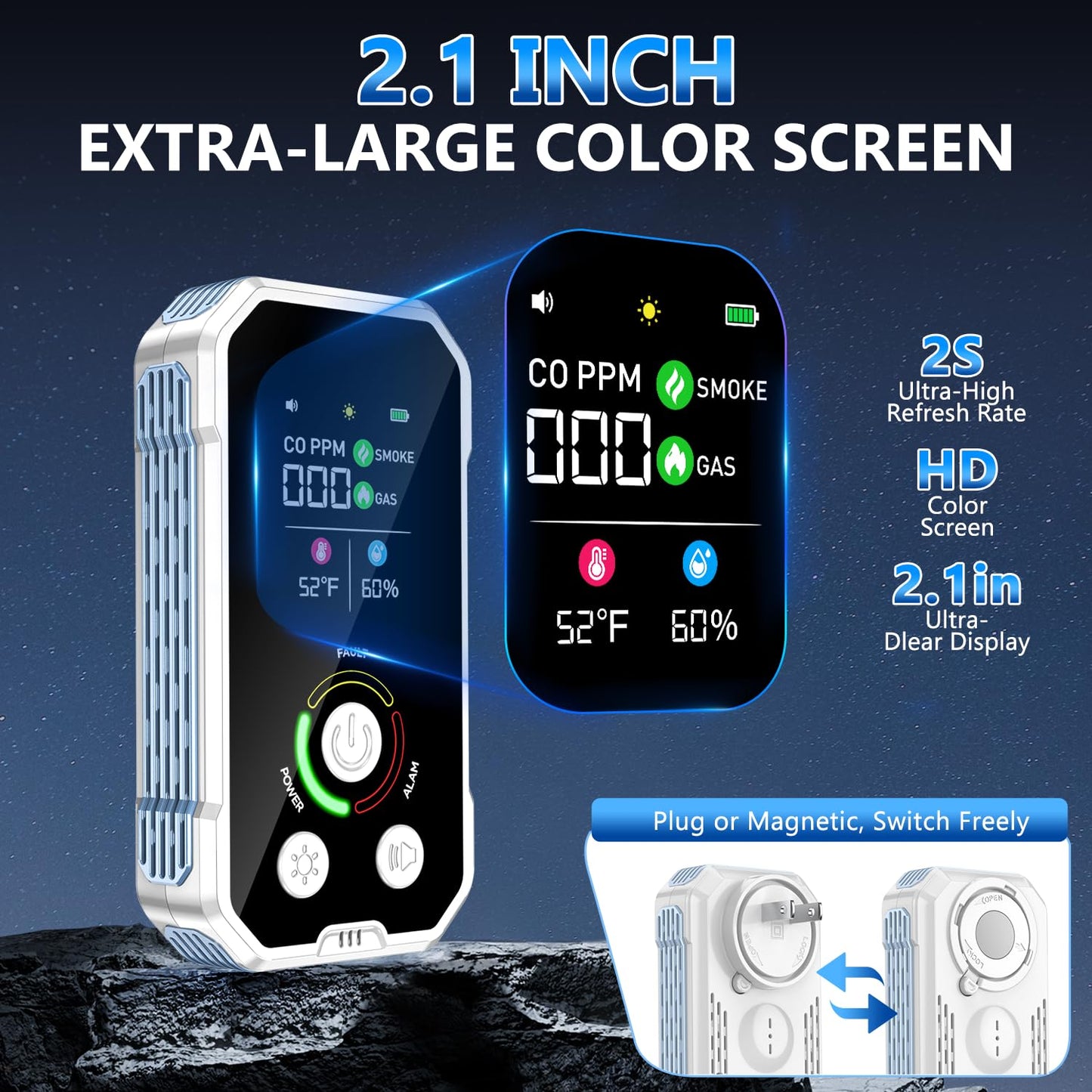 CSCL 5-in-1 Carbon Monoxide Detectors Plug in, Natural Gas & Smoke & Carbon Monoxide Detector with Temperature Humidity Display, Portable CO Detector & Gas Leak Detector for Travel, Home, RV