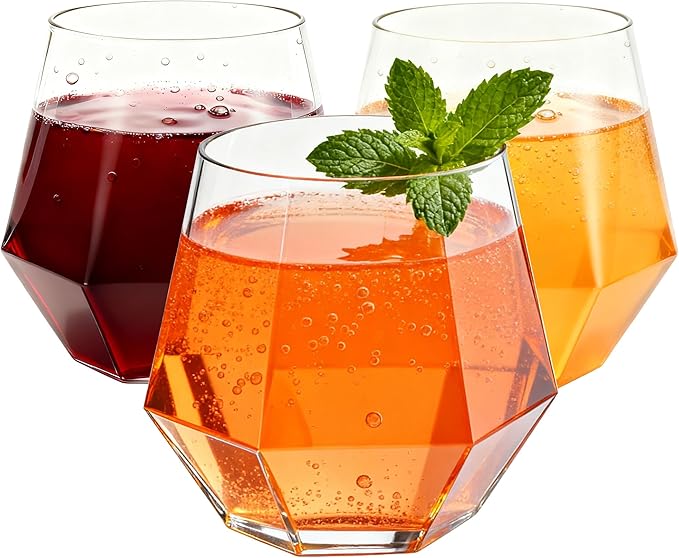 40 Pack 12oz Diamond Plastic Wine Glasses, Disposable Stemless Wine Cups - Shatterproof, Unbreakable & BPA-Free, Recyclabl...