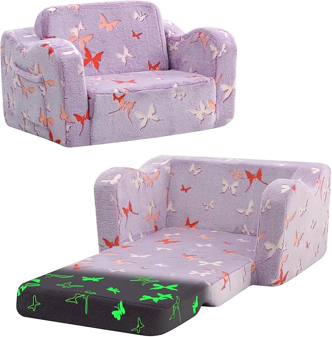 MeMoreCool Toddler Chair Comfy 1-3 Years Old, Kids Couch for Playroom, Convertible Glowing Butterfly Flip Out Sofa, Kids Furniture Floor Recliner Chair Bed
