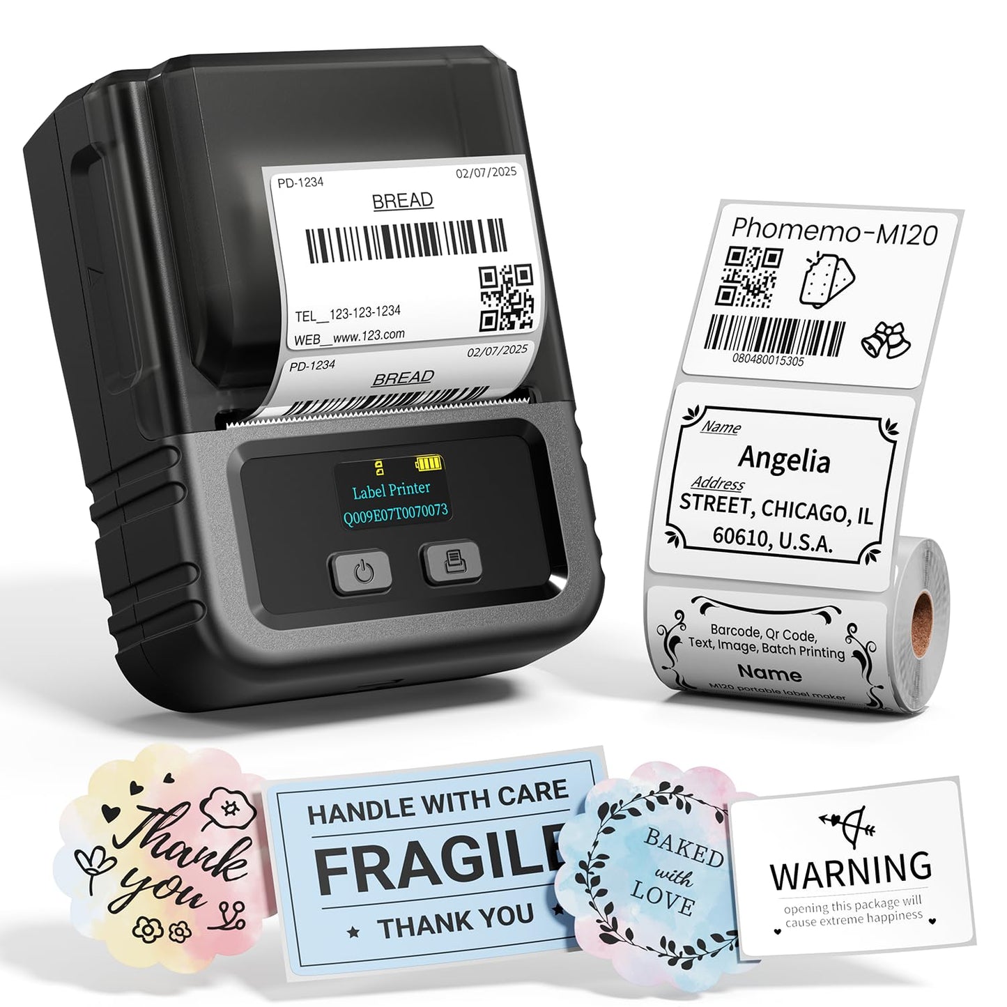 Phomemo M120 Label Maker, 2 Inch Barcode Printer, Portable Thermal Label Maker for Small Bussiness, Barcode, QR Code, Name, Address, Logo, Clothing, Office, Home, Sticker Printer for Phone/PC/Tablet