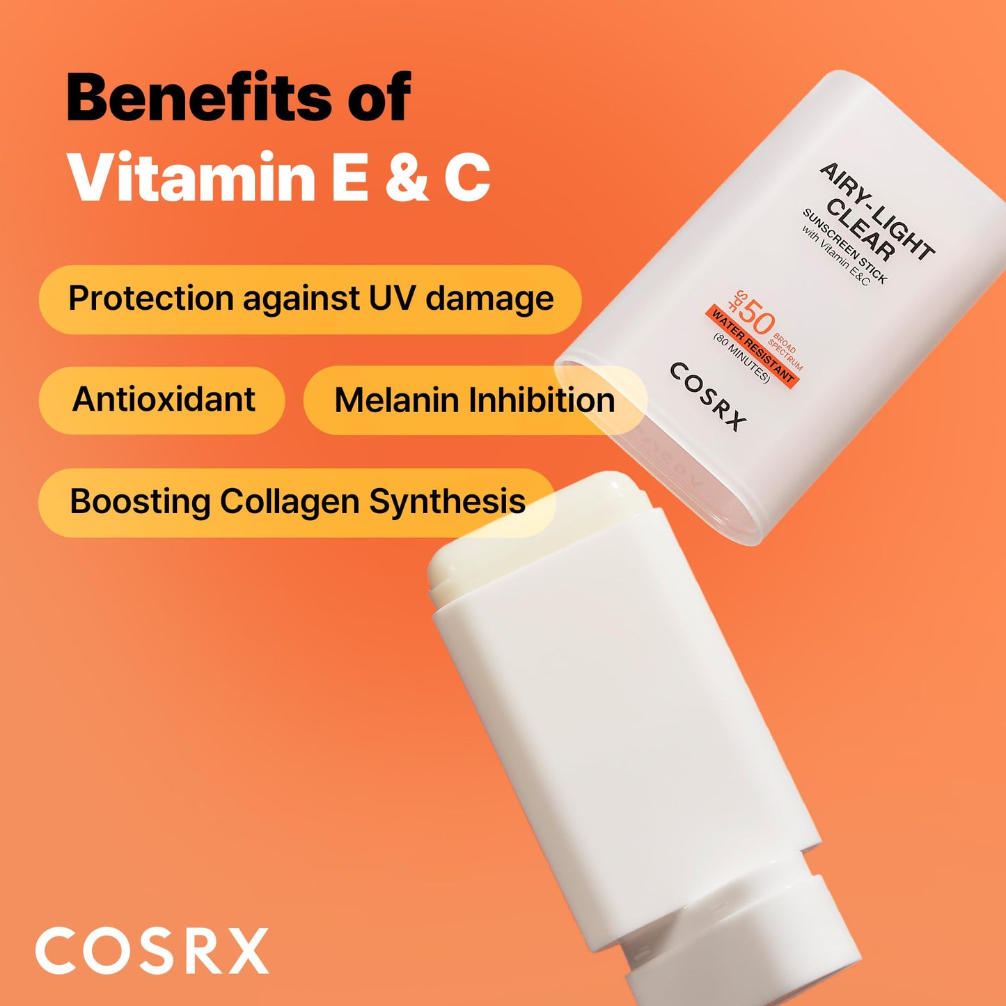 COSRX Airy-Light Clear Sunscreen Stick with Vitamin E & C SPF 50, 0.67 oz, 19g, Lightweight, Travel Essentials, Summer Essential