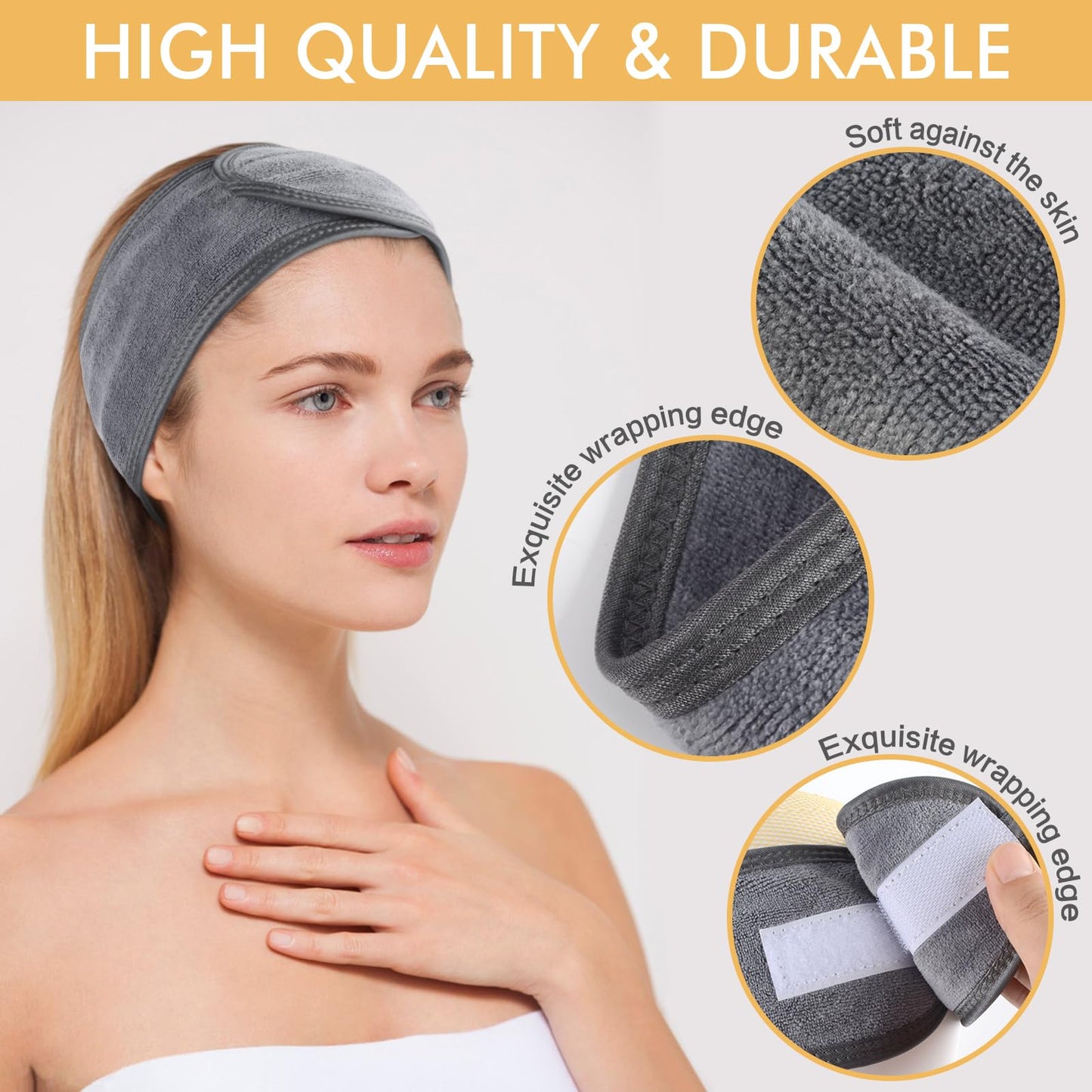 SINLAND Spa Headband for Women 3 Counts Ultra Soft Adjustable Makeup Hair Band with Magic Tape, Terry Cloth Stretch Head Wrap fo