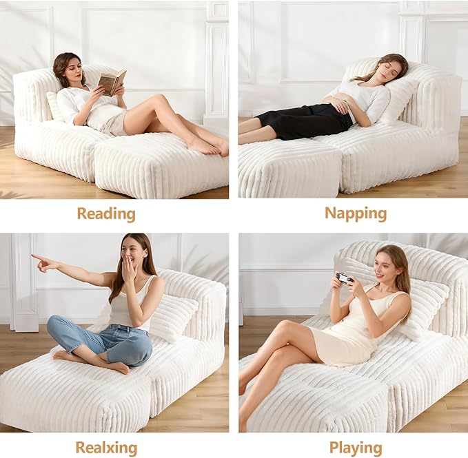Giant Bean Bag Lounger Sofa with Pillow, Large Beanbag Chair for Adults, Oversized Comfy Beanbag Lazy Floor Sofa, Bean Bag Couch with Memory Foam Filled for Living Room, Bedroom, White