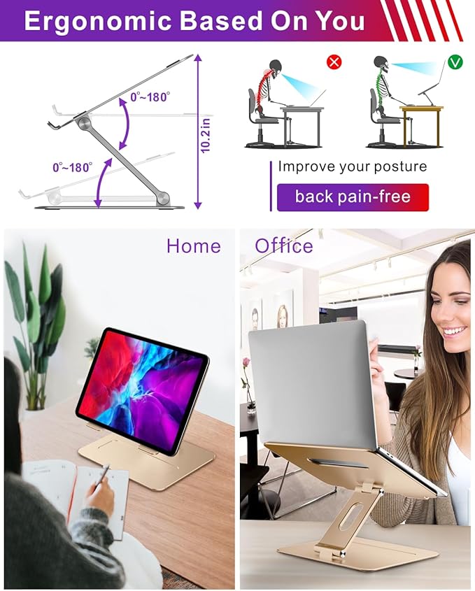 brocoon Adjustable MacBook Laptop Stand for Desk | Ergonomic Aluminum Laptop Riser with Heat-Vent, Compatible for 10-17" Laptops, Macaroon Gold