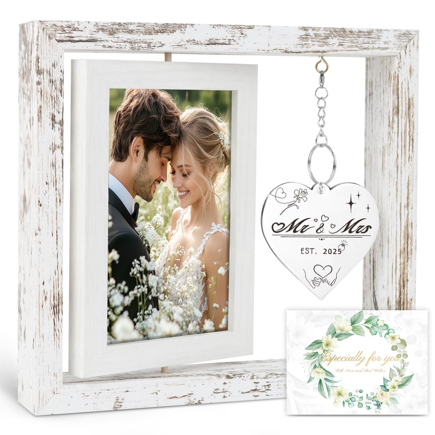 PIKPEOD Rotating Wedding Picture Frame 4x6 - Bridal Shower & Engagement Gifts for Couples & Newlyweds - Mr & Mrs Personalized Gifts