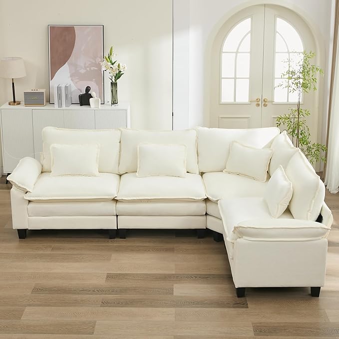 URRED Cloud Couch Modular Sectional Sofa, 116" Modern L Shaped Deep Seat Sofa with Pillows, Ultra Comfy Chenille Corner Couches for Living Room, Bedroom or Apartment, White