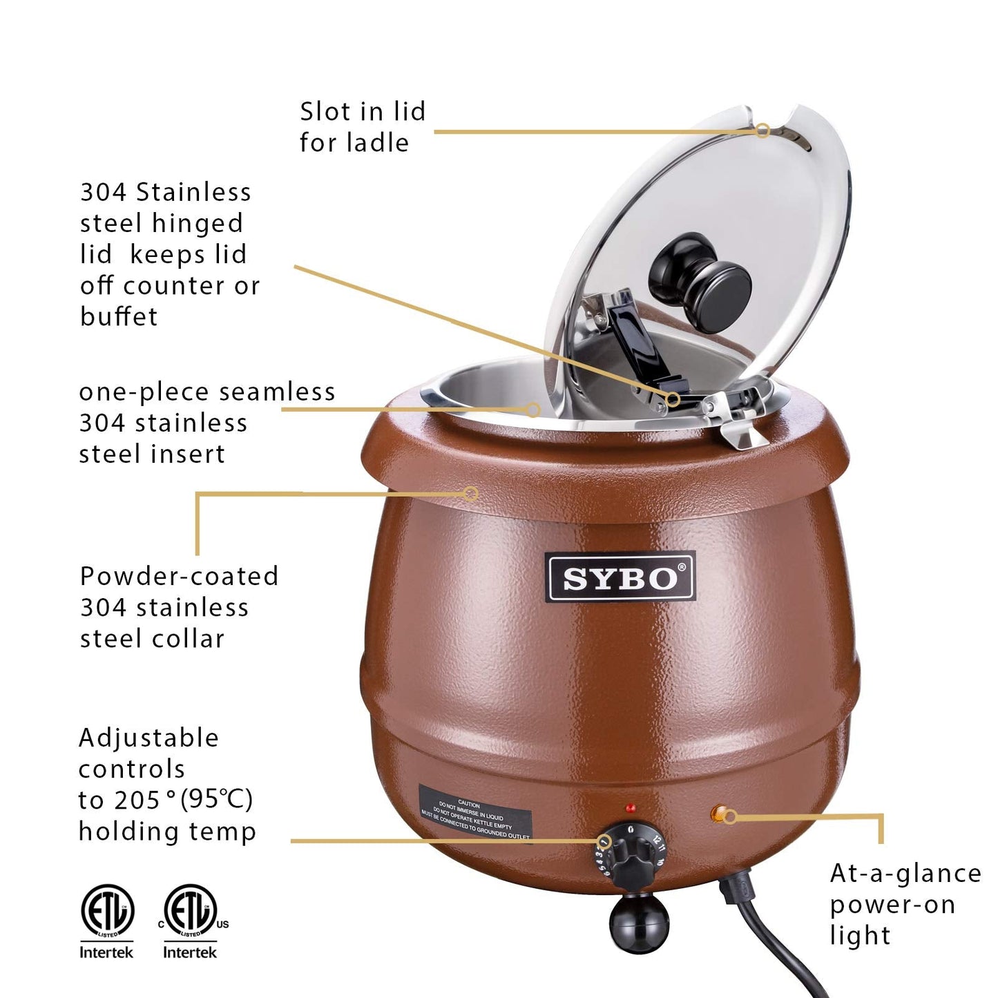 SYBO SB-6000-1G Commercial Grade Soup Warmer Kettle with Hinged Lid and Detachable Stainless Steel Insert Pot for Restaurant and Big Family, 10.5 Quarts, Ochre