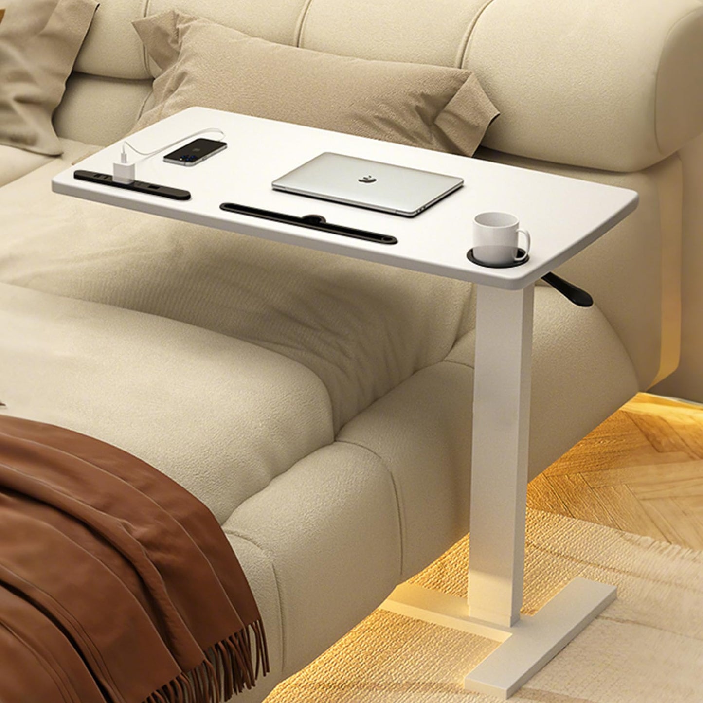BeGyoku Overbed Table,Hospital Bed Table,Pneumatic Bed Tables Adjustable Over The Bed with Hidden Wheels&USB Port,Mobile Laptop Table Cart and Rolling Bedside Table with Tray Hospital Home Use-White1