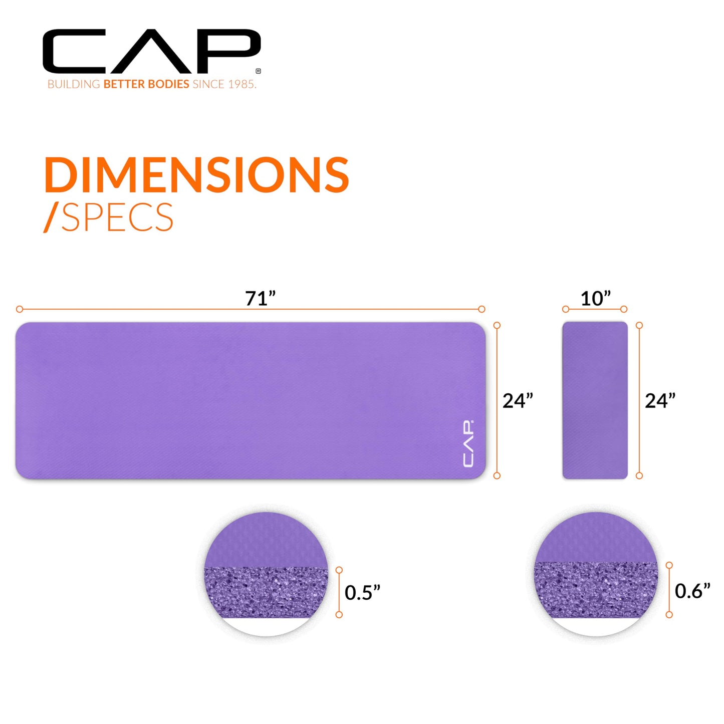 CAP Barbell Yoga Mat 1/2" Thick with Carrying Strap & Knee Pad - High Density Exercise Mat for Yoga, Pilates, Stretching, Floor & Fitness Workouts - 71''x24''x1/2" | Purple
