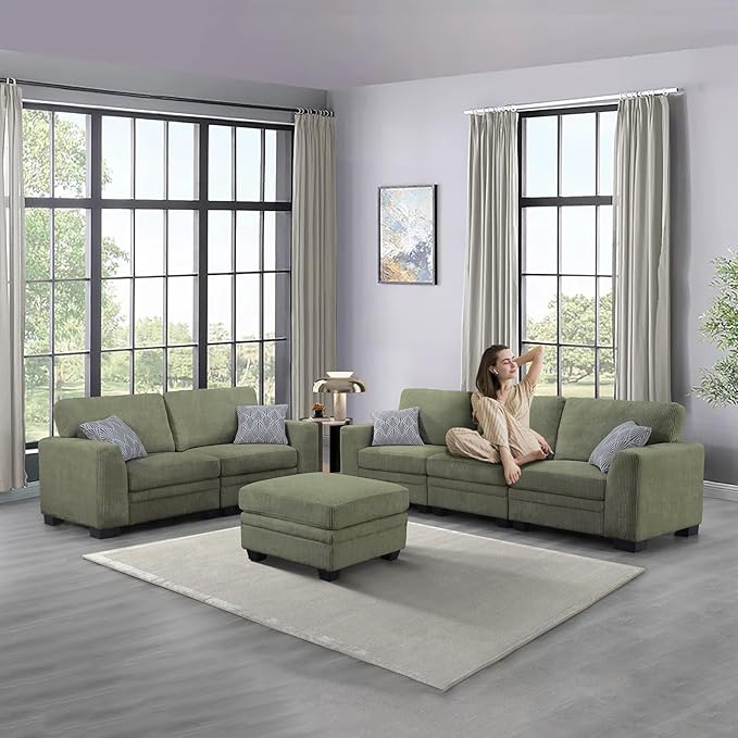 Legend Vansen Oversized Modular Sectional Sofa,6 Seat U Shaped Couch with Ottoman,Corduroy Sofa with Deep Seat,Convertible Large Sectional Couches for Living Room (Olive, L2+3)