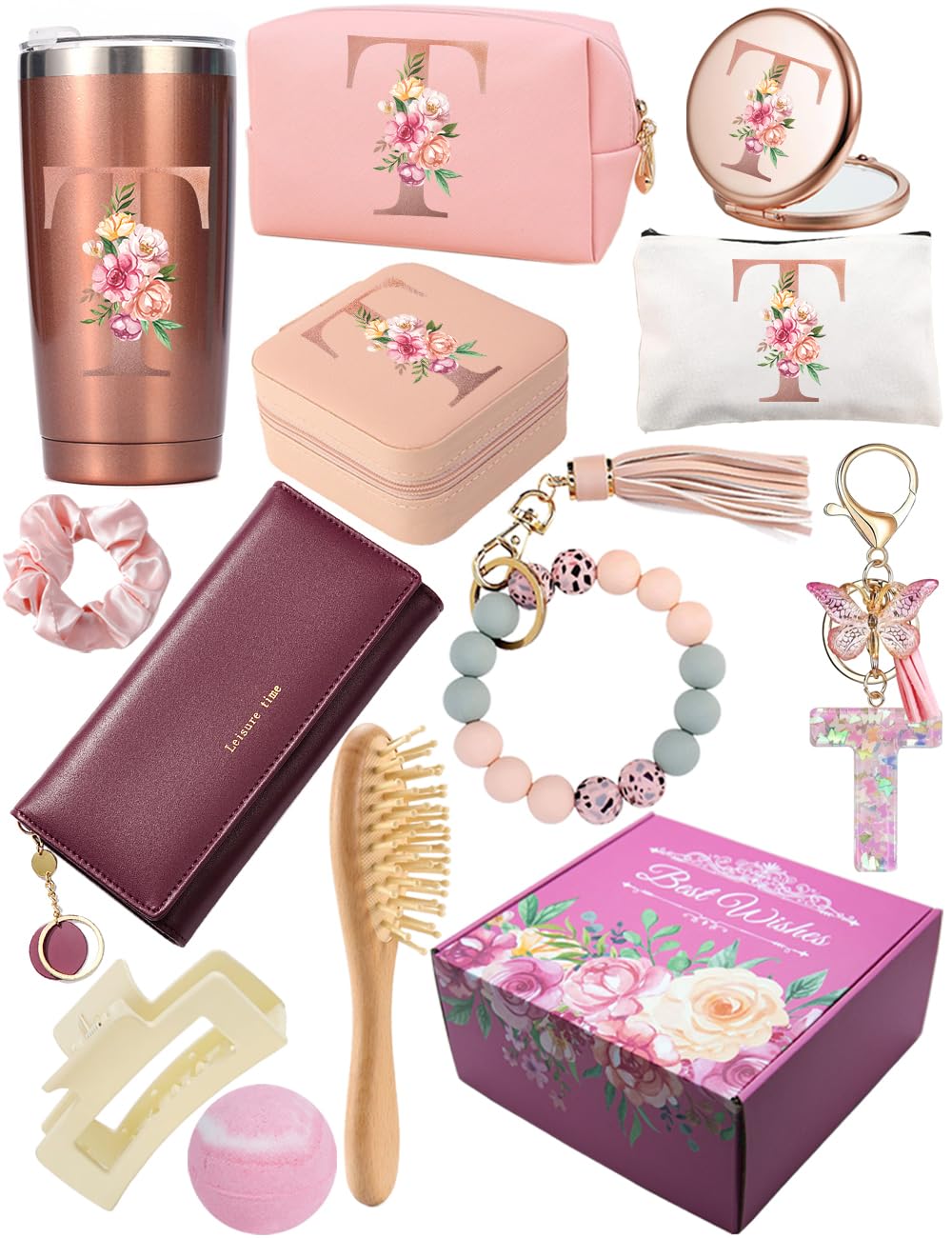 Birthday Gifts Set for Women Mom Bridesmaids Wife Unique Mother's Day Bath Gift Set Box Initial Letter Relaxing Wedding Spa Gifts Idea for Women Her Friend Grandma Sister Christmas gifts (T)