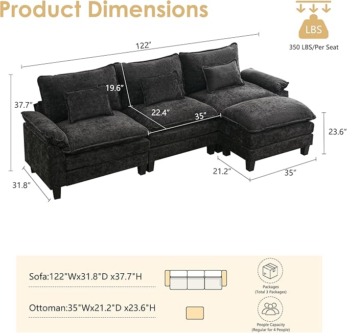 URRED Cloud Couch Modular Sectional Sofa, 122'' Modern L Shaped Deep Seat Sofa with Ottoman & Pillows, Ultra Comfy Chenille Couches for Living Room, Bedroom or Apartment, Black