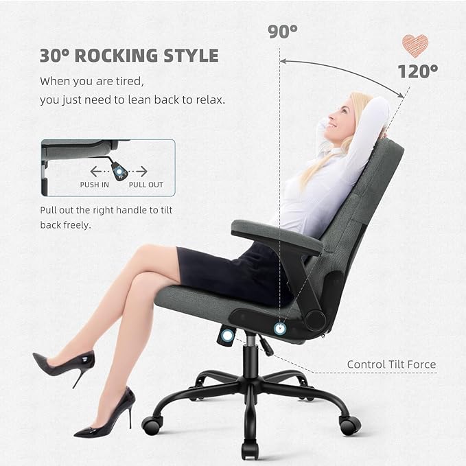 SEATZONE Home Office Executive Desk Chair with Wheels,Comfortable Ergonomic Flip-up Armrest Adjustable Swivel Computer Desk Chair,Grey