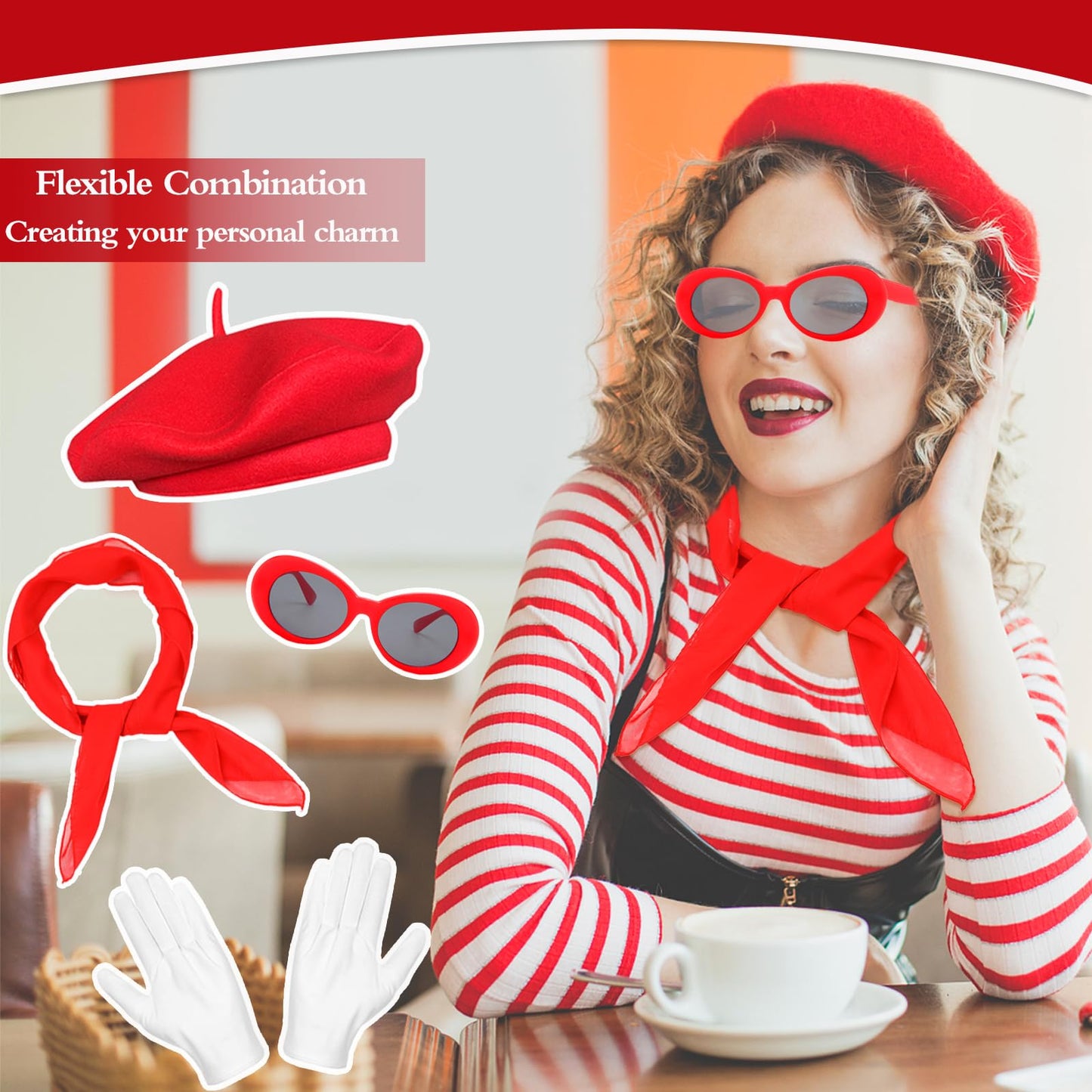 French Women set, Women Fancy Dress Costume Accessories Set French Artist Mime Kit with Red Beret Scarf Sunglasses Gloves for Cosplay Party Supplies Dress Up