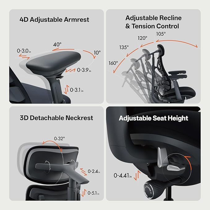 LiberNovo Dynamic Ergonomic Desk Chair + StepSync Footrest Bundle - Comfy Home Office Chair with Adaptive Lumbar Support, 160° Recline & Built-in Spine Stretch, Gray+48cm