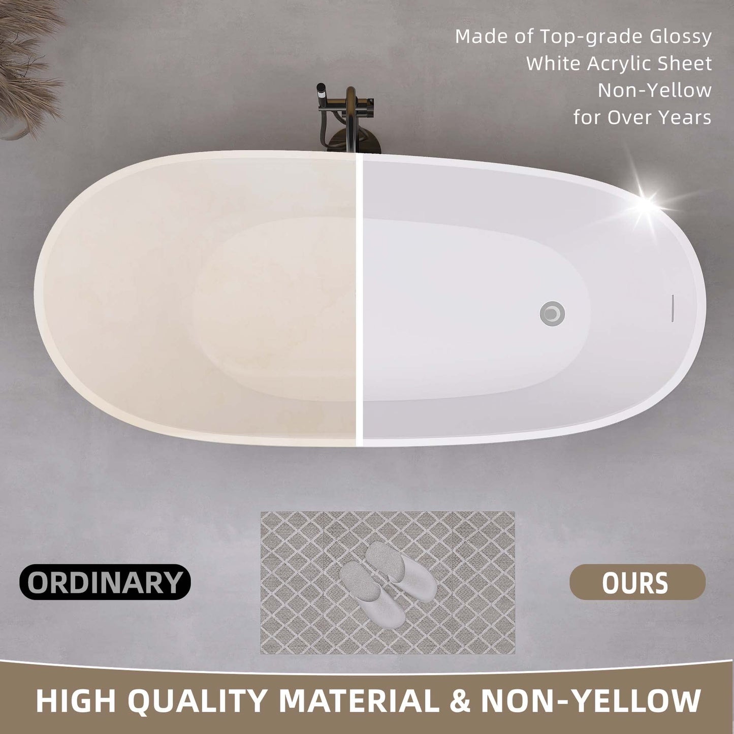 GETPRO Free Standing Tub 59" Acrylic Freestanding Bathtub, Adjustable Soaking Bath Tub Oval Shape with Integrated Slotted Overflow and Chrome Anti-clogging Drain Glossy White