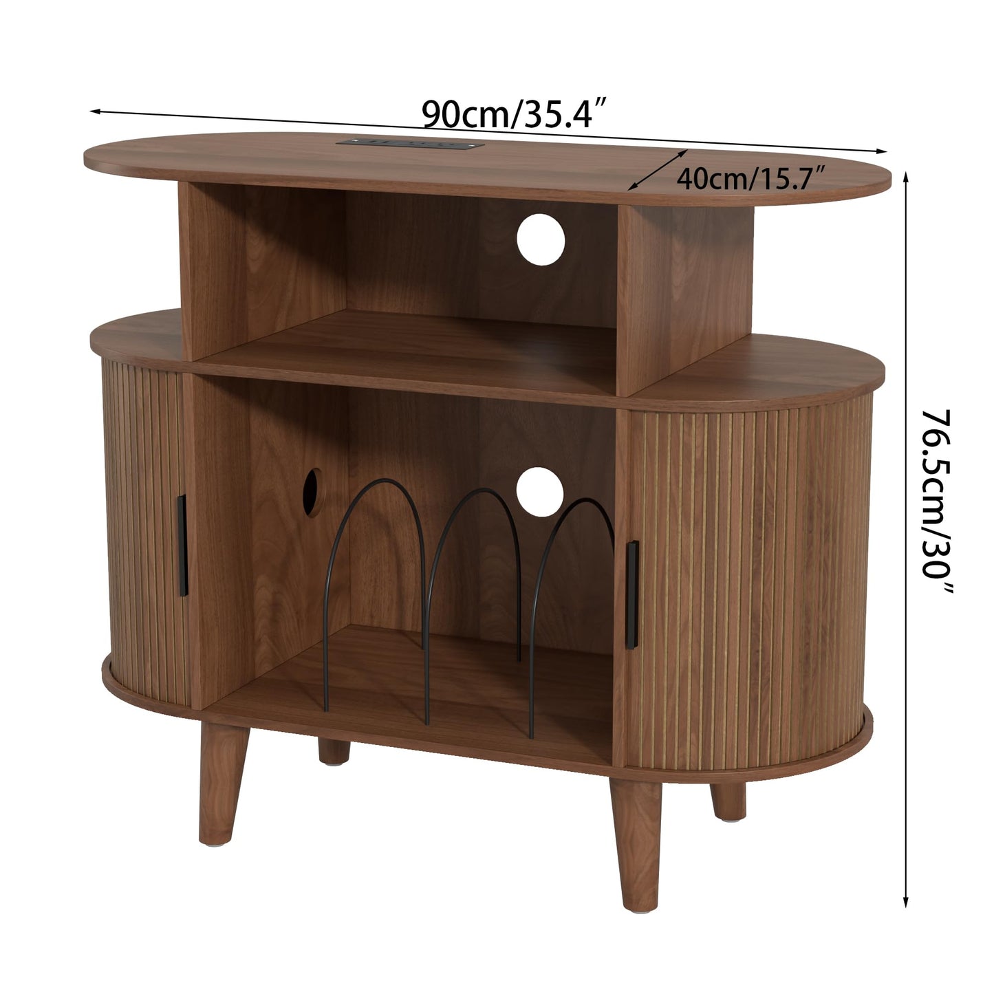 LUVIOHOME Large Round Record Player Stand with Charging Station & USB Ports，Record Storage Cabinet, Mid Century Modern Turntable Stand for Bedroom Living Room (Small Brown)