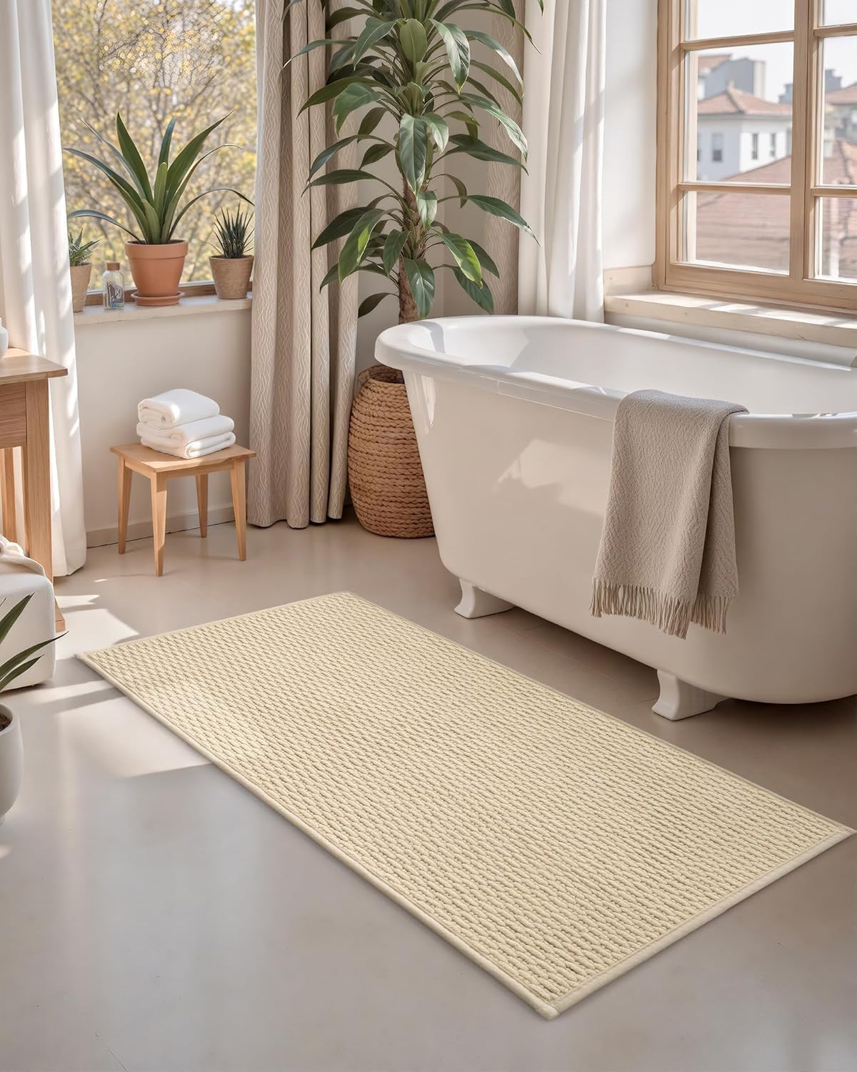 Color&Geometry Woven Chenille Bathroom Rugs Absorbent Non Slip, 16"x24" Light Yellow Bath Mat Washable, Small Bathroom Mat Quick Dry, Thin Bath Rugs Fit Under Door