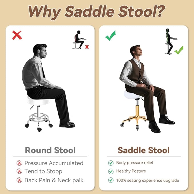 Saddle Stool with Wheels Ergonomic - Thick Wide Saddle Cushion, Healthy Posture No Pain, Easy to Adjust, Smooth Rolling No Creaky Noises, Rolling Swivel Saddle Stool Chair for Salon Massage (White)