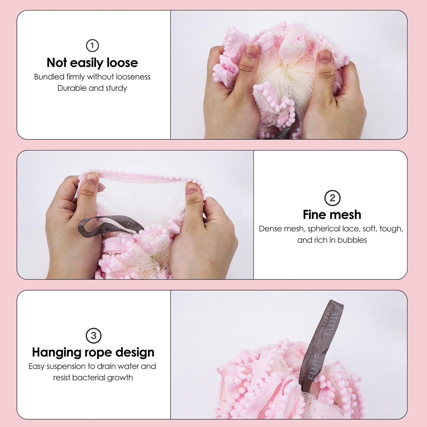 Biiange Pink Loofah, Shower Bath Spong, Soft Shower Loofahs Balls, Globose lace Shower Ball, for Body Wash Scrubber Cleaning Loo