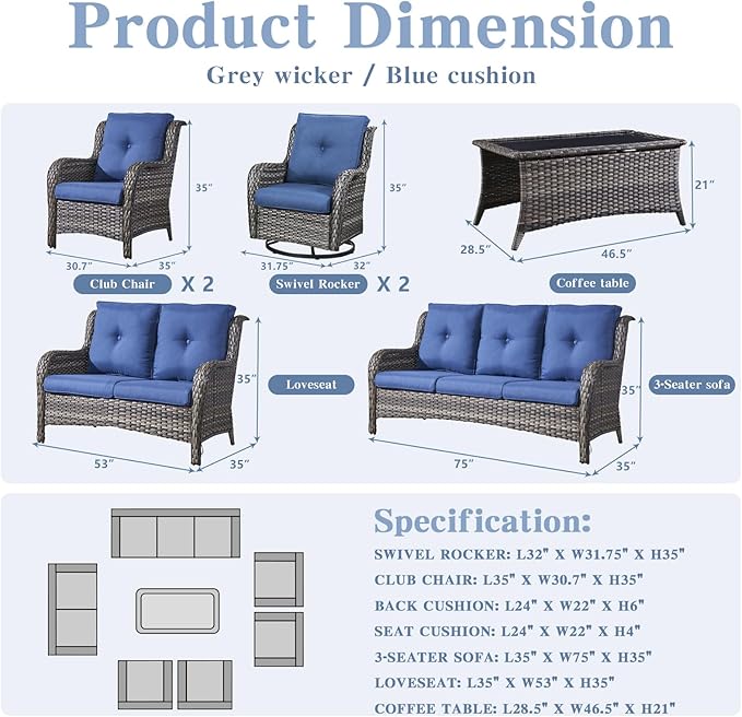 Belord Outdoor Wicker Furniture Patio Set - 7 Piece Backyard Furniture Grey Rattan Conversation Sets with Swivel Rocker Chairs, Rattan Sofa, Club Chairs and Coffee Table, Blue Cushion