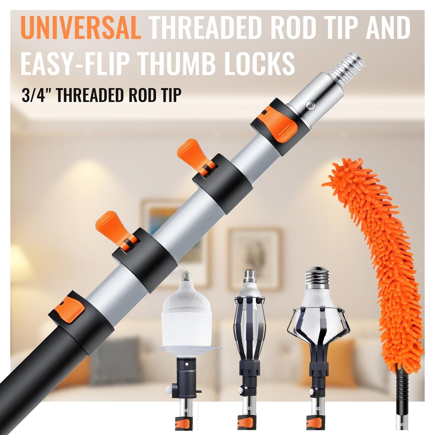 PMMJ Light Bulb Changer for High Ceilings with 26FT Reach, Telescopic Extension Pole for High Ceilings and Recessed Lights (5-20FT) with Baskets, Suction Cup and Duster