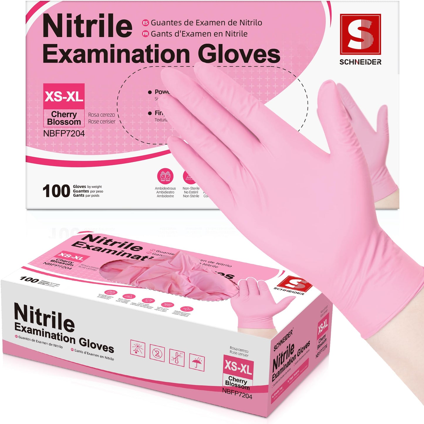Schneider Nitrile Exam Gloves, 4-mil Medical Gloves Disposable Latex Free, Powder Free, Food Safe Glove for Cooking, Cleaning, Examination, Cherry Blossom, XL, 100-ct Box