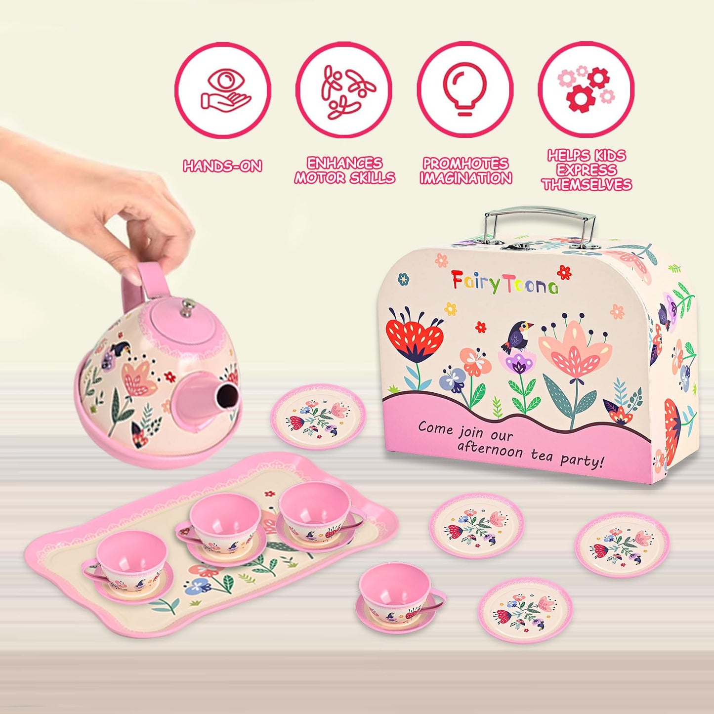 Fairy Toona Floral Tea Party Set for Little Girls Ages 3-6, 15-Piece Pretend Play Kitchen Toys with Teapot, Cups, Plates & Storage Case, Princess Gift Set (Pink)