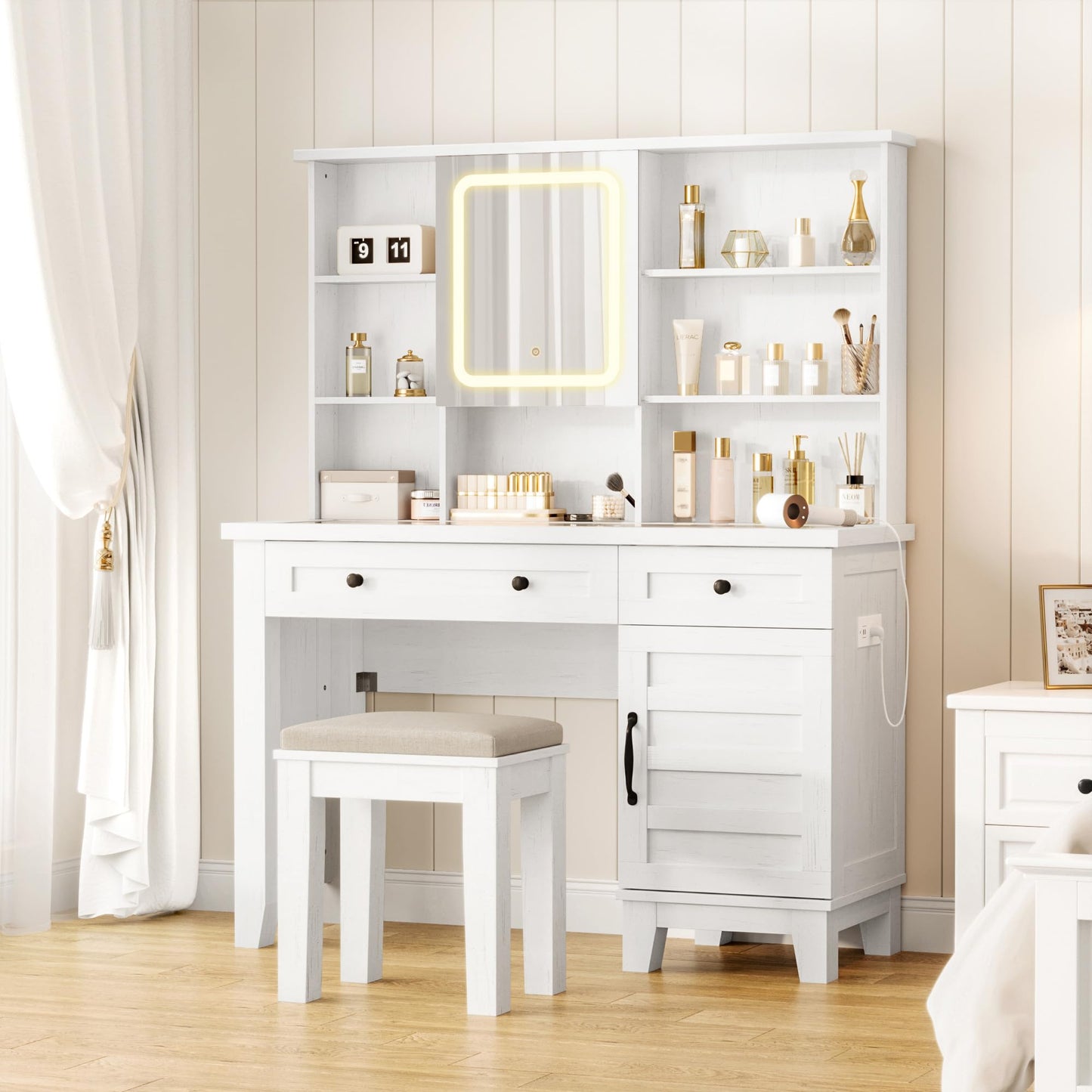 Farmhouse Makeup Vanity Desk,Makeup Vanity with Mirror and Lights & Power Outlet, Makeup Table with 2 Drawers and Cushioned Stool, Dressing Table with Glass Top for Bedroom Dressing Room, White