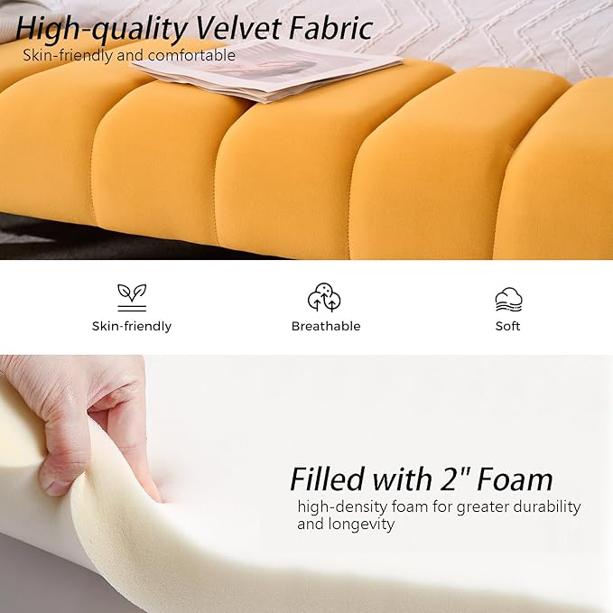 AIITTCC Velvet End of Bed Bench Upholstered Modern 59" Bedroom Bench for King Bed Bench Tufted Window Bench Comfy Long Ottoman for Living Room/Entry/Indoor (Mustard Yellow, 59" Wide)