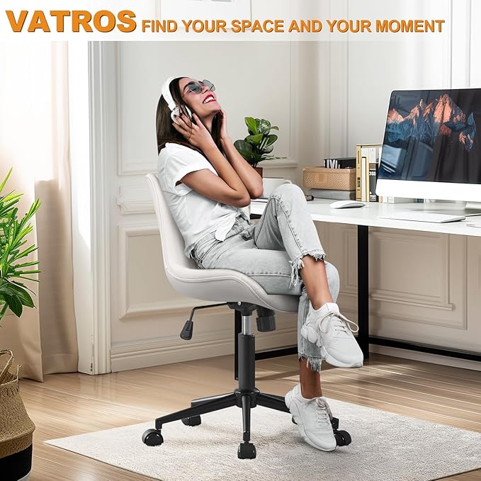 VATROS Office Chair, Armless Desk Chair with Wheels, Ergonomic Comfy Home Office Computer Task Chairs, Faux Leather Padded Cute Vanity Chair, Adjustable Height Swivel Chair with Back,White