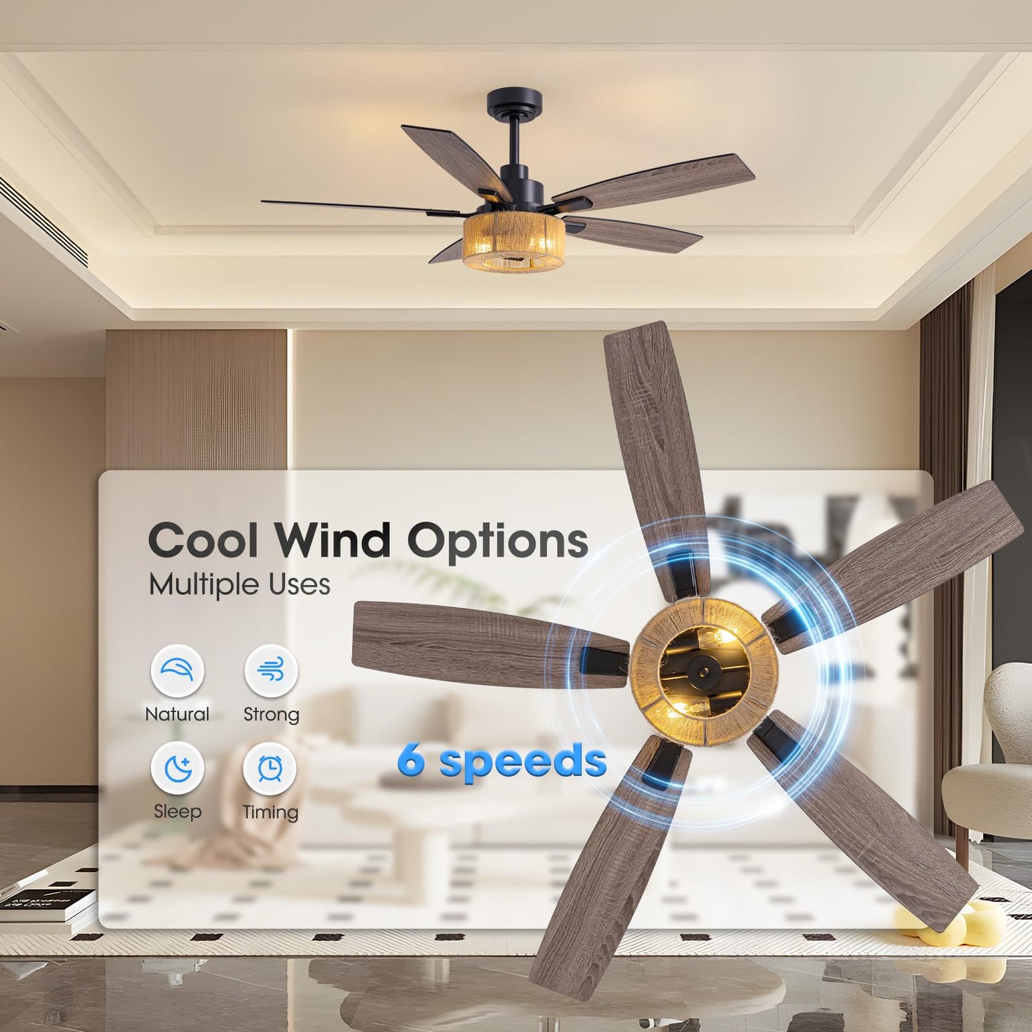 Luminfan 52 Inch Boho Black Hemp Ceiling Fans With Lights And Remote Control, Farmhouse Caged Rattan Ceiling Fan For Dining Room