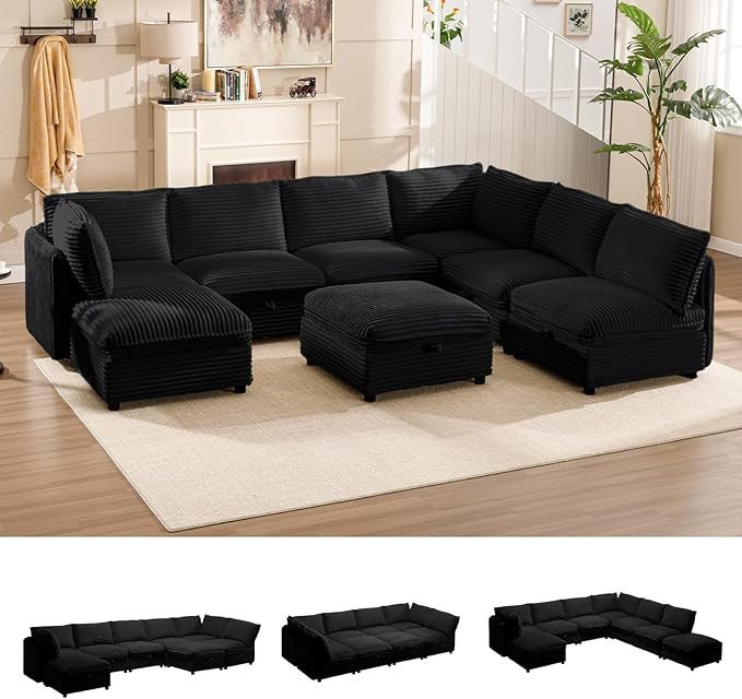 FIRLZY Oversized Modular 8 Seater Sofa with Removable Covers and Storage, Convertible U, L-Shaped and Sleeper Sectional, Modern Corduroy Couches with Ottoman Chaise for Living Room, Apartment, Black