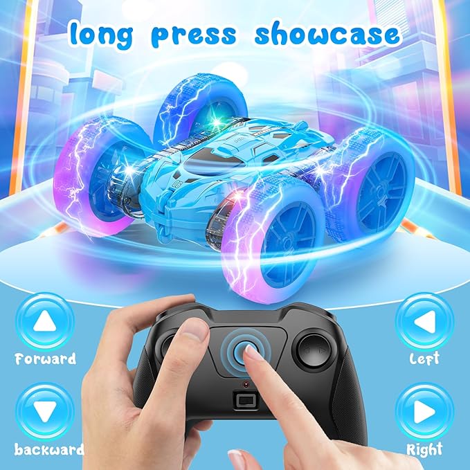 Remote Control Car for Boys Blue Double-Sided 360°Flip RC Cars, Colorful Lights, Multi-Terrain Driving and Rechargeable Battery RC Car,Toys for Ages 2-4,Suitable for Girls Boys Ages 4-12 Toys Gifts