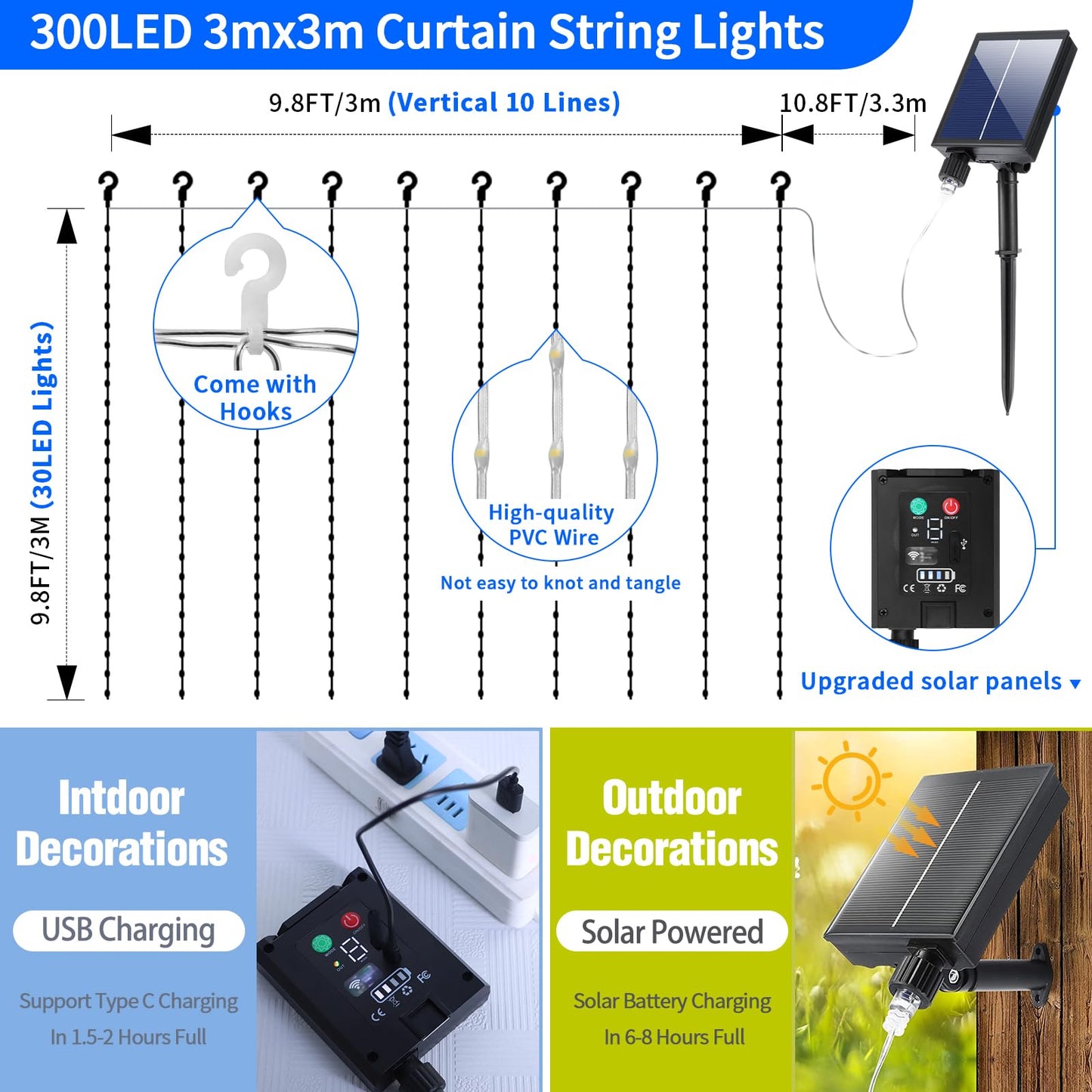 Solar Curtain Lights 10*10Ft 300LED Waterproof Waterfall Light with 8 Modes Remote Type C Charging Dimmable Timer Twinkle Fairy String Lights for Outdoor Christmas Gazebo Wedding Party Pergola Patio