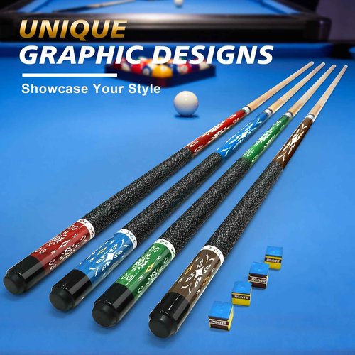 Pennpliy Pool Cue, 58" Pool Stick, Pool Sticks Set of 4 Maple Wood Billiard Pool Cues Sticks with 4 Billiard Chalk, Pool Sticks for Adults Professional Billiard Players - 18oz, 19oz, 20oz, 21oz