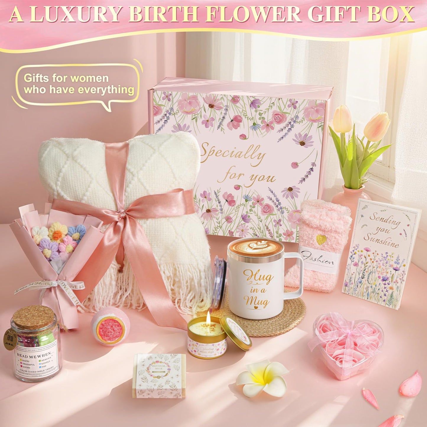 Gift Baskets for Women, 11 PCS Unique Birthday Gifts for Women, Self Care Gift Baskets, Thank You, Get Well, Sympathy Inspirational Friendship Gifts for Mom,Grandma, Sister,Friends (Pink)