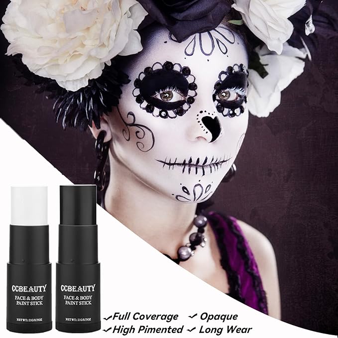CCBeauty White Black Face Body Paint Stick, Oil Based Cream Blendable Foundation for Clown Skeleton Vampire Skull Joker Mime Cosplay Special Effects Costume , SFX Makeup For Halloween Party