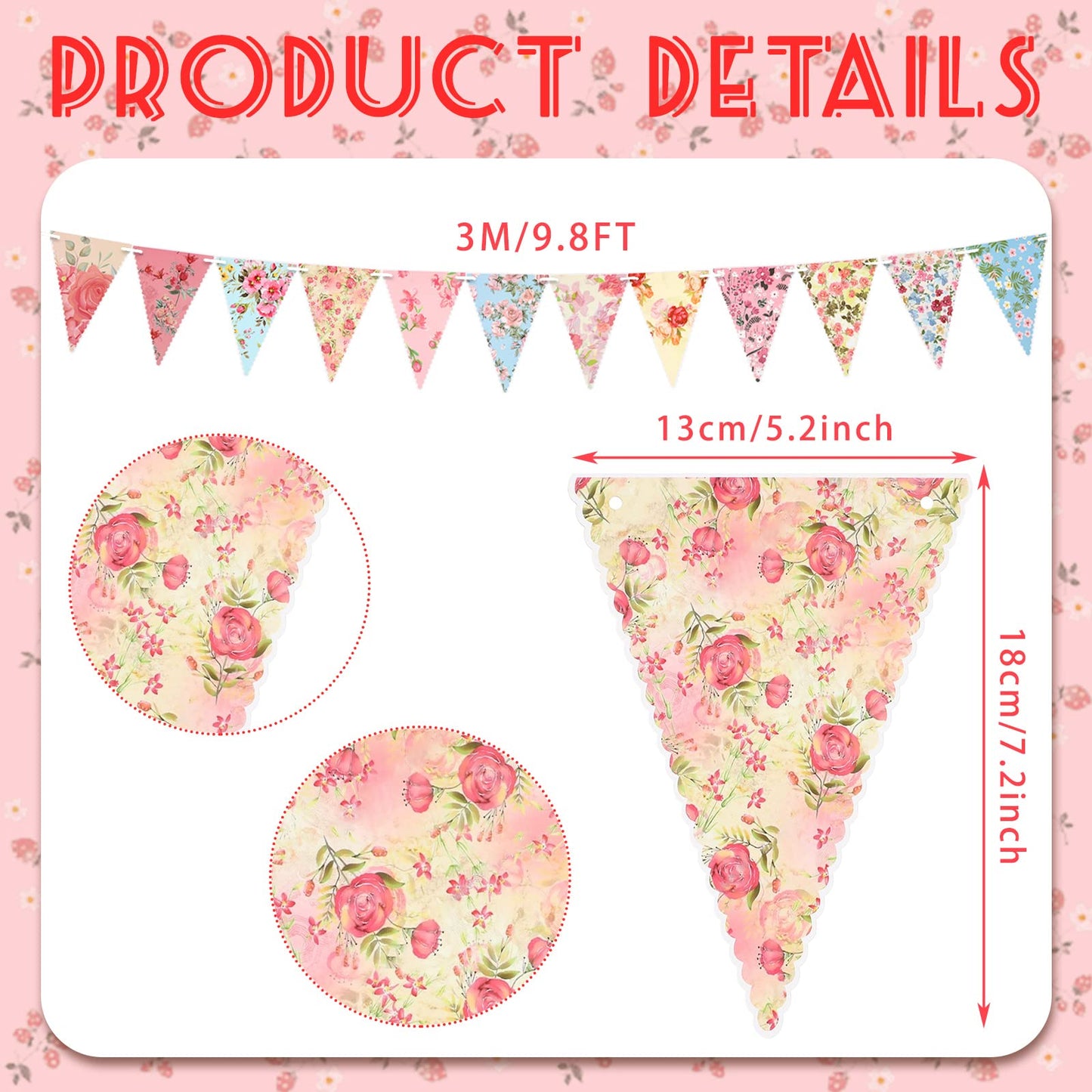 Funtery 5 Pcs Retro Bright Floral Paper Garland Chic Tea Party Decorations Wildflower Garland Floral Triangle Banner for Wedding Birthday Parties Festivals Home Outdoor Hanging Decorations